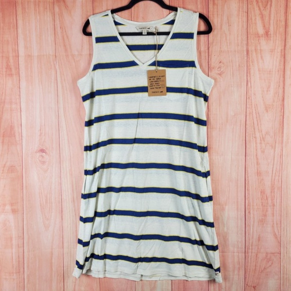 Toad & Co Grom Tank Dress Womens Large Blue White Wide Striped Hemp Stretch